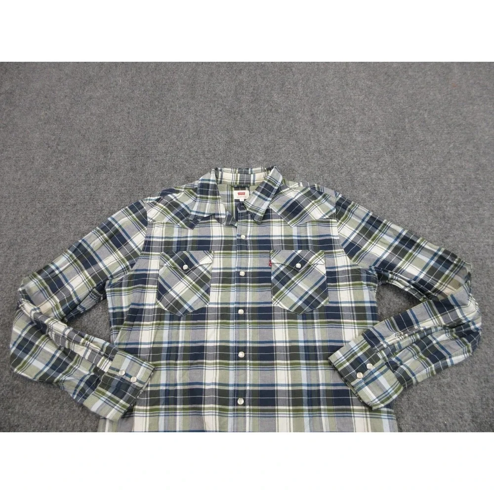 Levi's Shirt Mens L Blue Plaid Cotton Long Sleeve Pearl Snap Western Casual